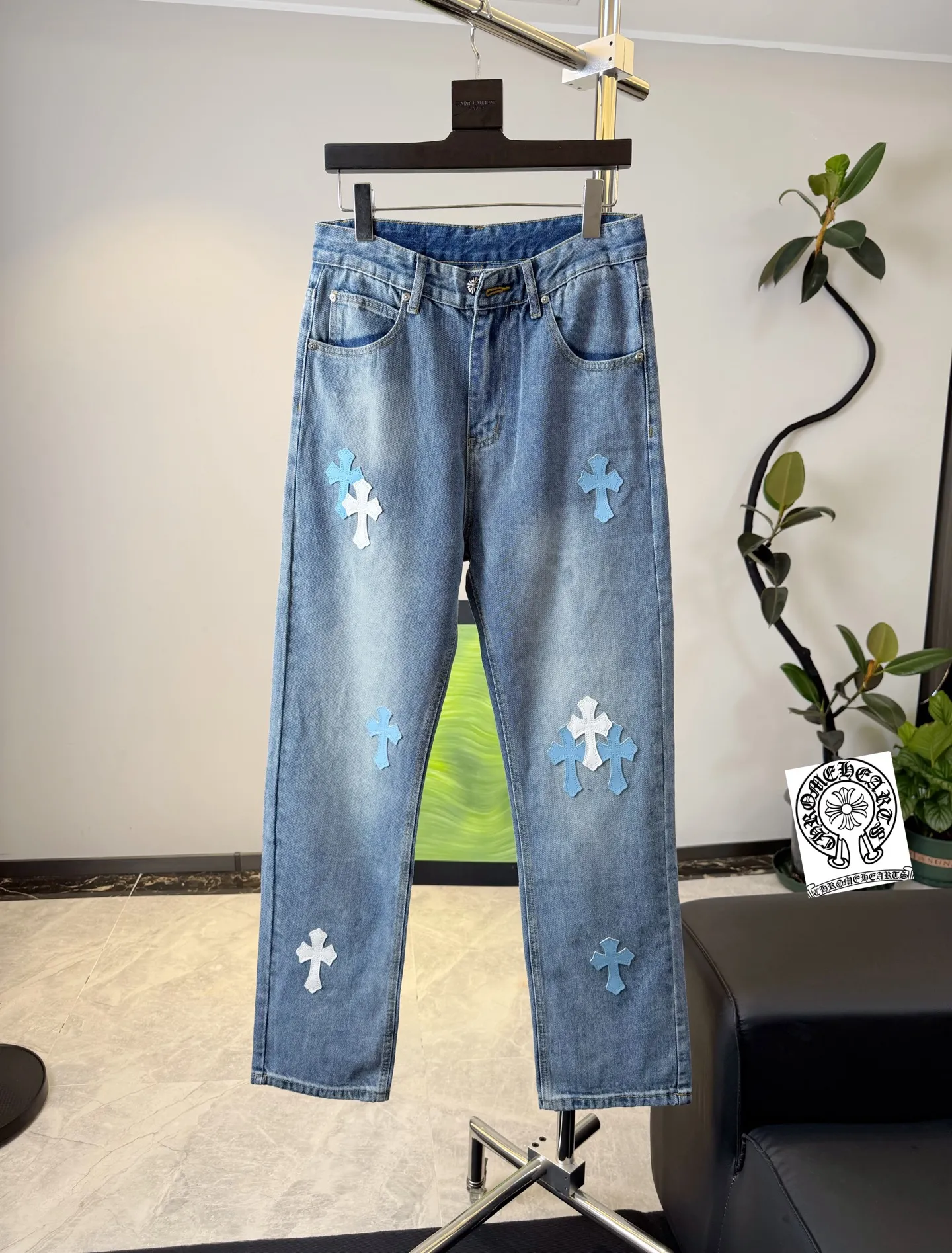 P280 Style number: D316 Chrome Hearts washed blue leather jeans Size# 28 30 32 34